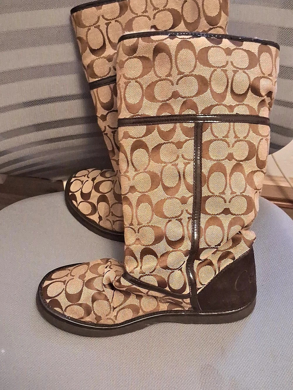 Coach Theona Signature Tall Shearling Boots Women's Brown Patterned Winter Boots